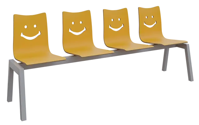 SMILE 4, dřevěná lavice do čekárny, 4-sedák, žlutá, kostra stříbrná